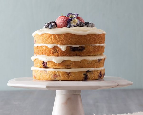 Berry buttermilk cake with mascarpone crème fraîche [sugared flowers and berries]