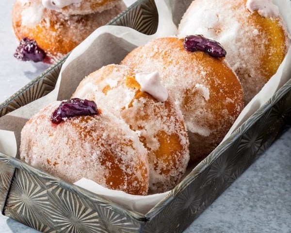 Berry-filled sourdough discard doughnuts [berry crème fraîche, berry jam]