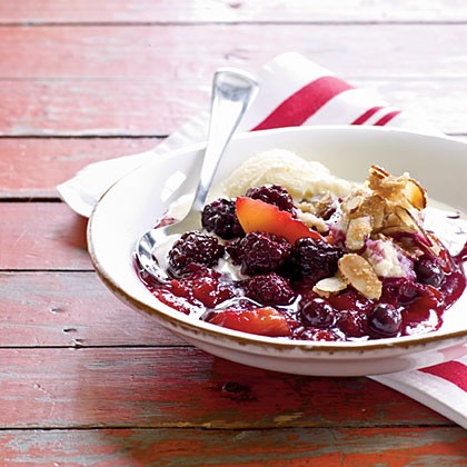 Berry-peach cobbler with sugared almonds