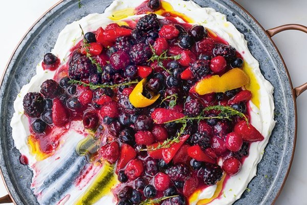 Berry platter with sheep's labneh and orange oil