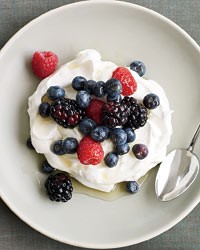 Berry-yogurt Pavlovas with chamomile-lavender syrup