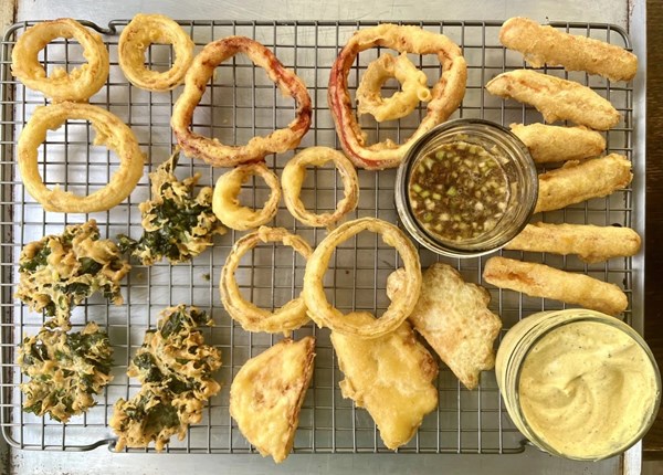 Besan-battered vegetables (or chicken or seafood) with two dipping sauces