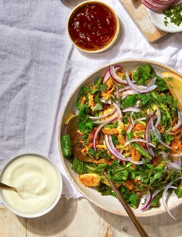Besan bhaji with Brussels sprout tops and cranberry jelly
