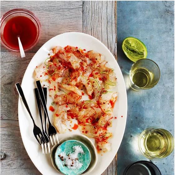 Besan-fried prawns with saffron-braised vegetables
