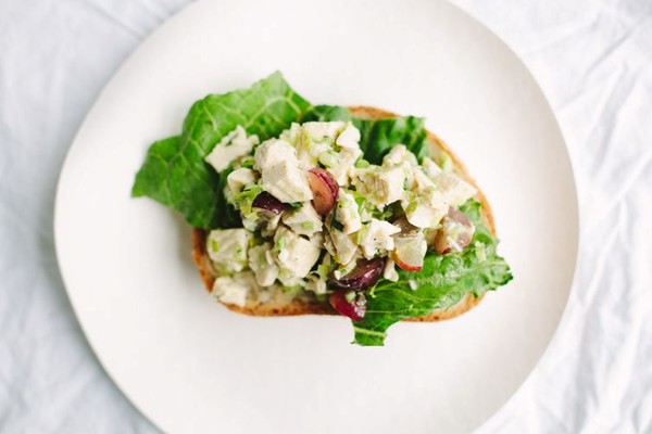 Best chicken salad with pickled grapes and celery leaves