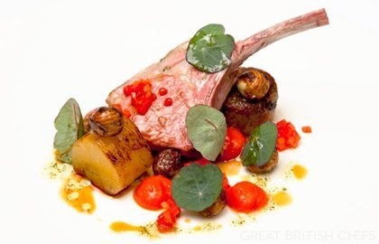 Best end and shoulder of salt marsh lamb, red pepper, pineapple, mint oil and cobnuts