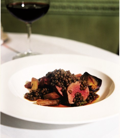 Best end of lamb with pan-fried squash, Puy lentils and a lamb jus