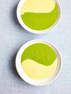 Bi-colour soups: pea and watercress