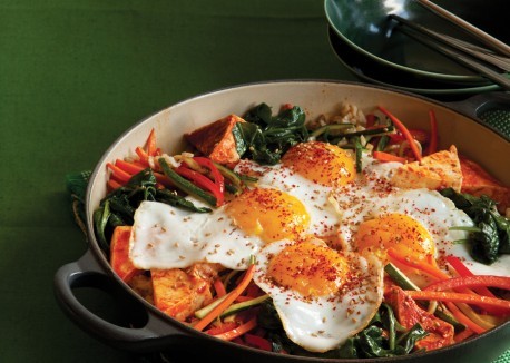 Bibimbap with spicy steamed tofu and fried eggs