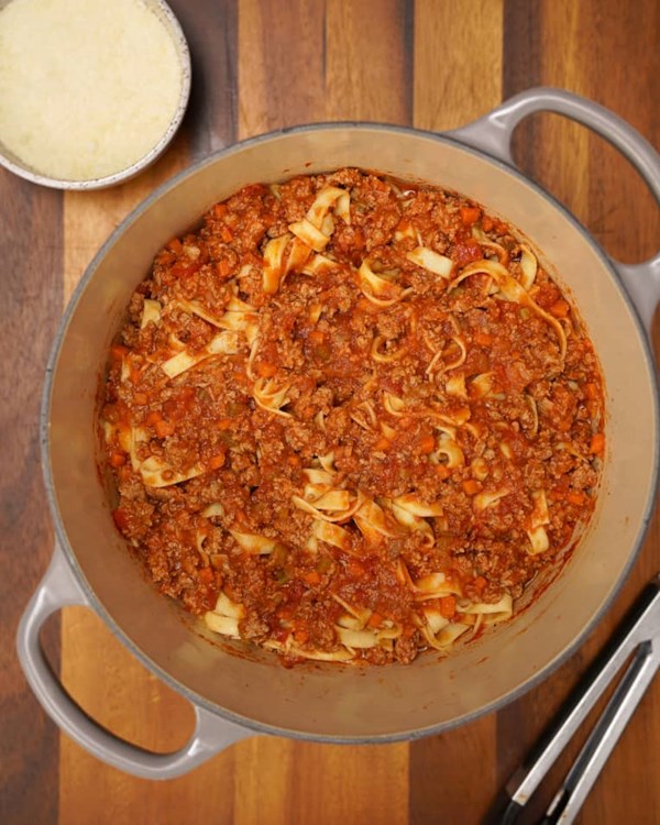 Big-batch turkey Bolognese with linguine