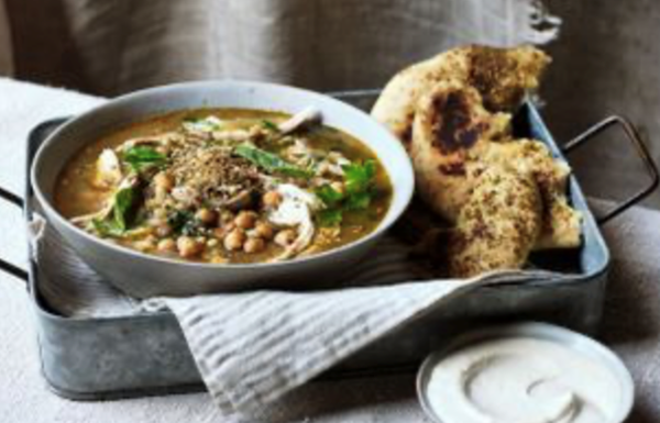 Big batch za'atar chicken and freekeh broth with tahini yoghurt