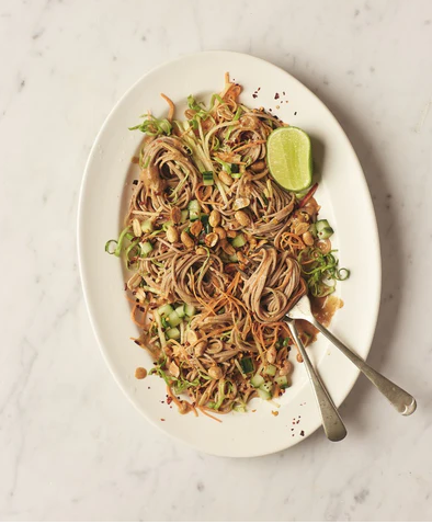 Big veg noodle salad with lime, ginger and peanut dressing