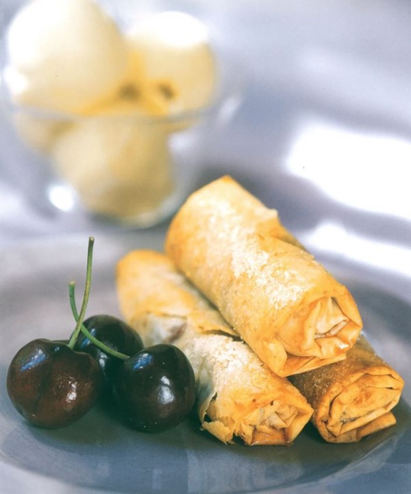 Bing cherry filo rolls with cardamom ice cream