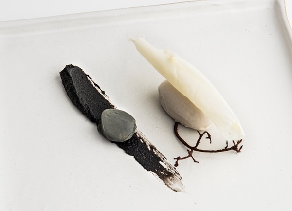 Birch ice cream with black bean pesto, spiced cream and milk skin