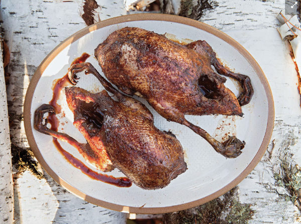 Birch syrup and soy sauce-glazed roast duck