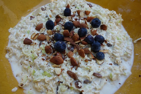 Bircher muesli with toasted almonds and blueberries