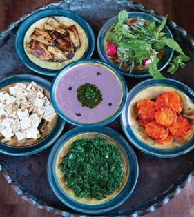 Birjandi-style purple kashk with roasted vegetables + croutons (Quruti-e Birjand)