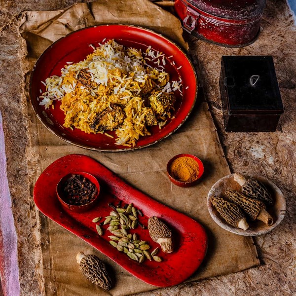 Biryani with stuffed morels