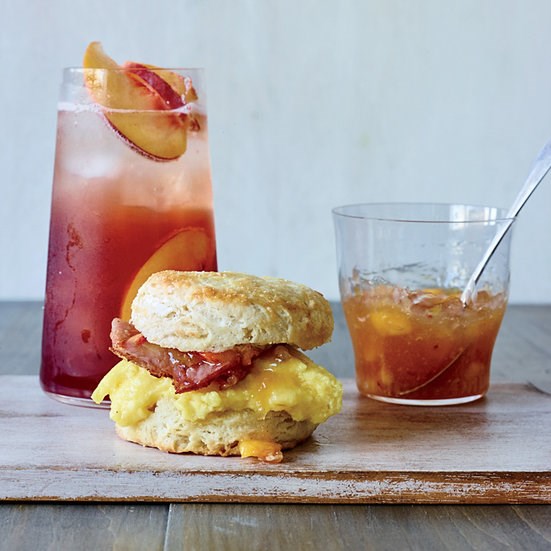 Biscuit breakfast sandwiches with peach-ginger jam