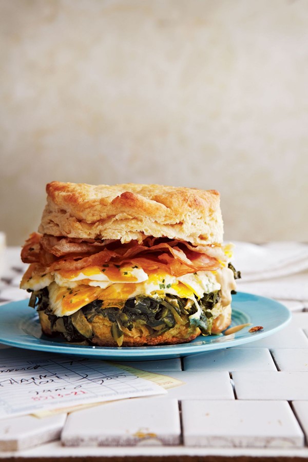 Biscuits with pancetta, collard greens, marbleized eggs, and espresso aïoli 