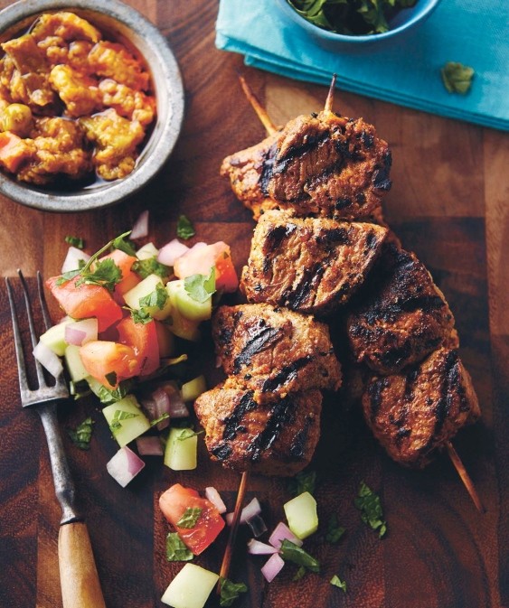 Bison achari kebabs with Indian cucumber & tomato salad