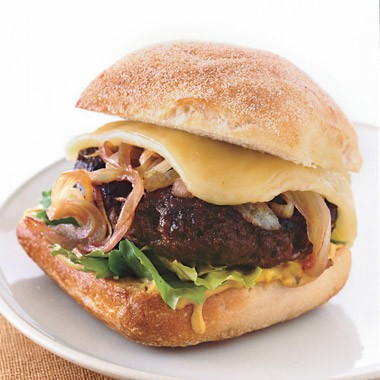 Bison burgers with Cabernet onions and Wisconsin cheddar