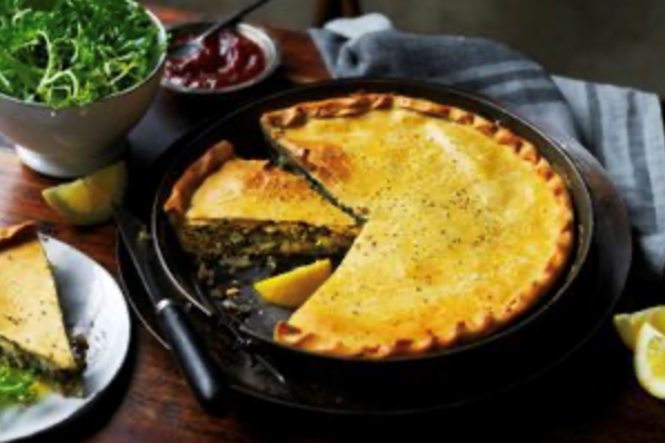 Bitter autumn greens pie with lemon and olive oil pastry