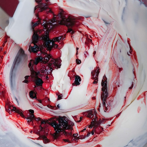 Bitter frozen berries with white chocolate cream