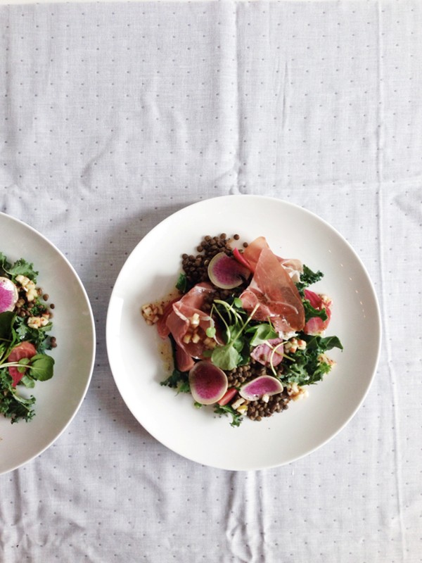 Bitter greens, lentils, beets and prosciutto