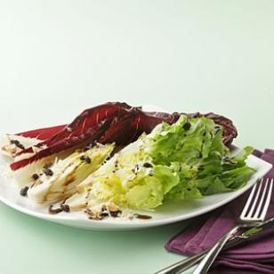 Bitter greens salad with aged balsamic, pine nuts & currants