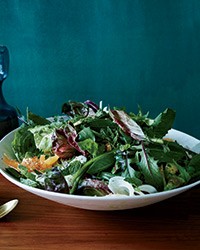 Bitter greens salad with Asian pears, avocado and tahini dressing