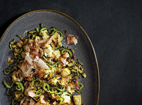 Bitter melon and tofu stir-fry with pork belly and eggs