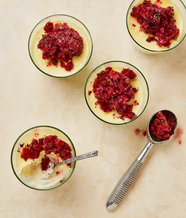 Bitter orange posset and hibiscus granita