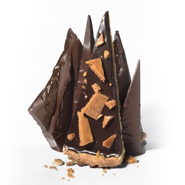 Bittersweet chocolate and carob ganache tart with malted candy brittle