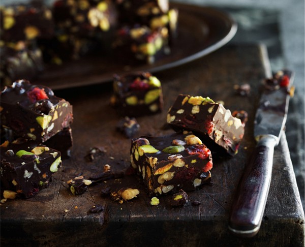 Bittersweet chocolate chunks with dried cranberries and walnuts