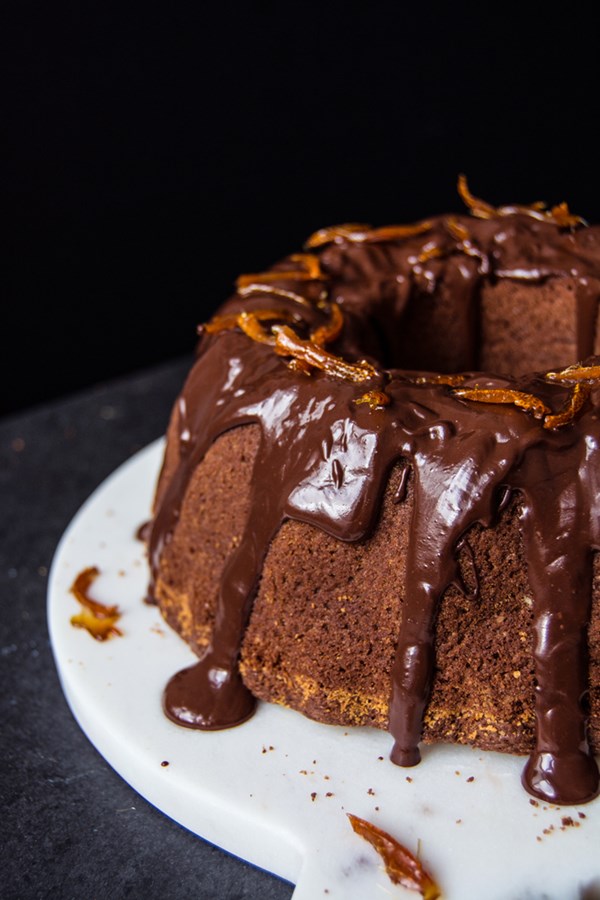 Bittersweet chocolate-olive oil bundt cake with candied orange peel