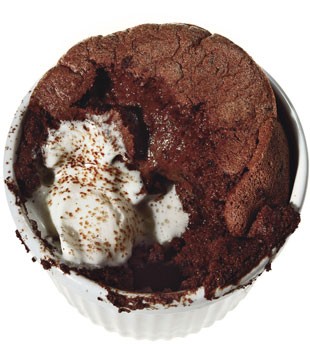 Bittersweet cocoa soufflés with orange blossom cream
