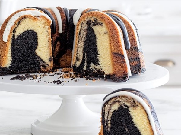 Black-and-white chocolate marble pound cake with vanilla bean and black cocoa glazes