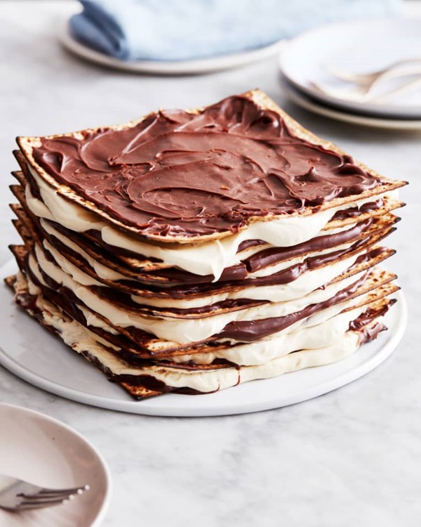 "Black and white malted" matzo icebox cake