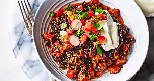 Black barley with chorizo and radish salsa