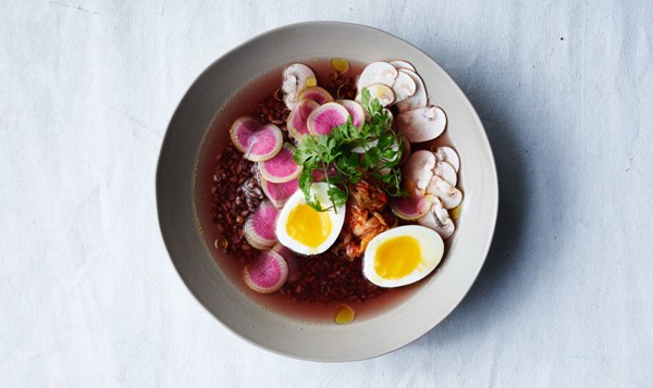 Black barley with mushroom broth