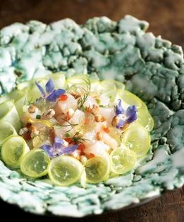 Black bass tartare with macadamia nuts, cilantro gelée, and puffed barley
