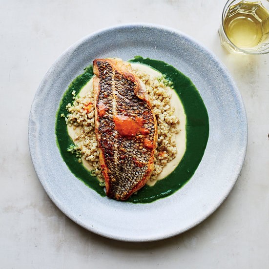 Black bass with parsley sauce, eggplant, freekeh and chipotles
