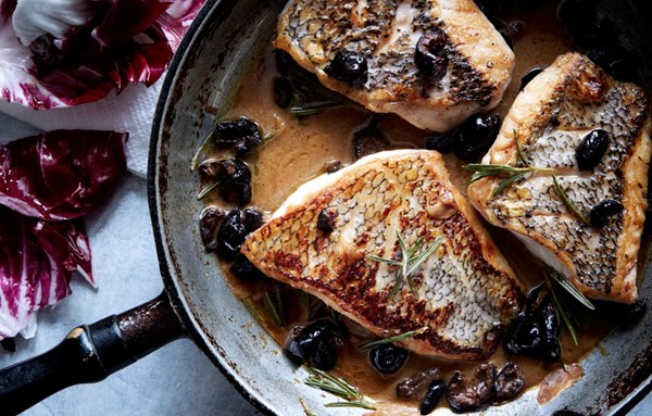 Black bass with warm rosemary-olive vinaigrette