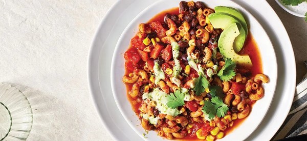 Black bean and corn pasta with avocado cream 