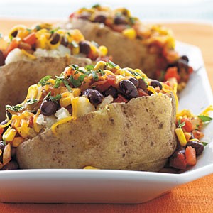 Black bean and corn-topped potatoes