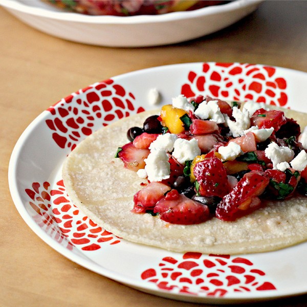Black bean and feta tacos with strawberry mango salsa