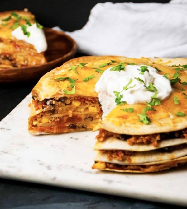 Black bean and quinoa enchilada pie
