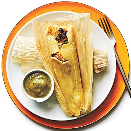 Black bean and sweet potato tamales with tomatillo sauce