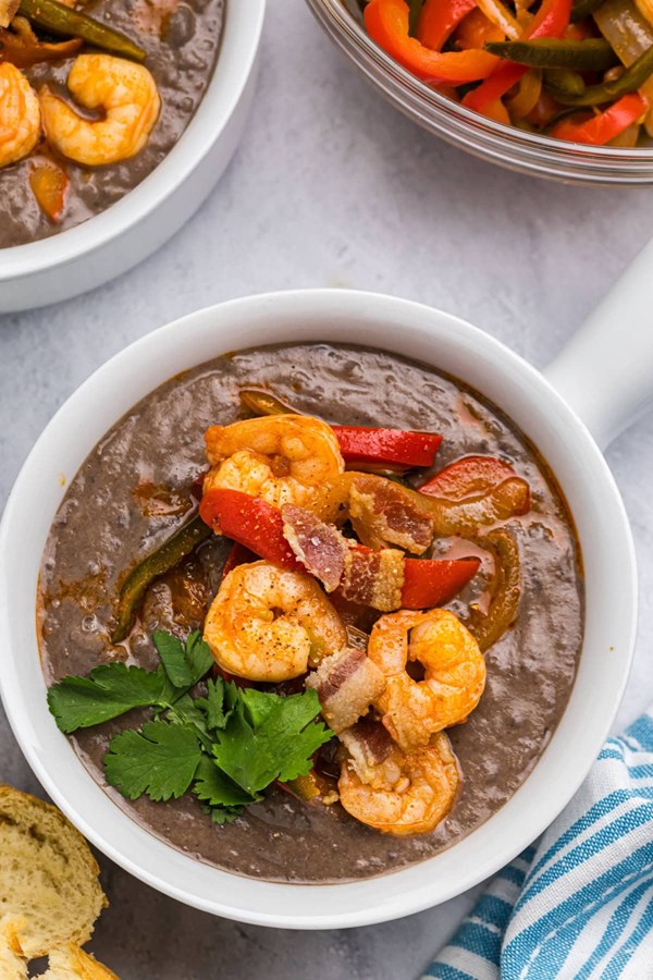Black bean bisque with shrimp